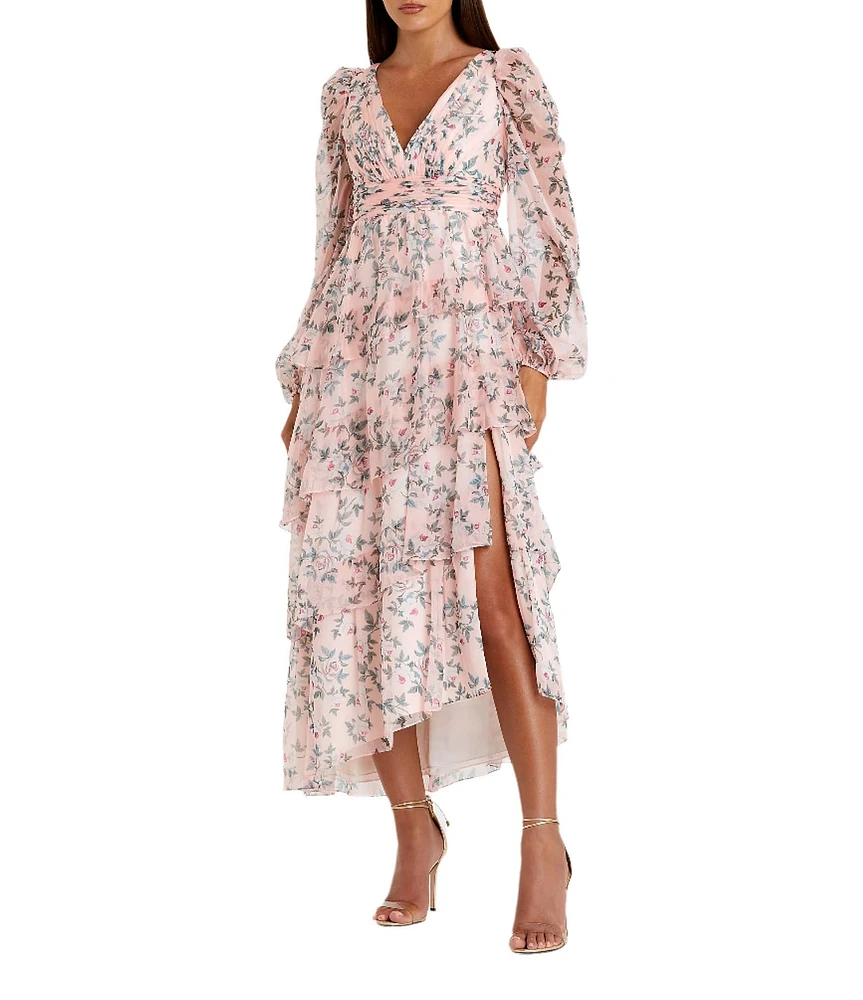 Mac Duggal Floral Print V-Neck Long Sleeve Side Slit Tiered Ruffled Dress