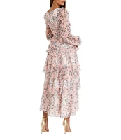 Mac Duggal Floral Print V-Neck Long Sleeve Side Slit Tiered Ruffled Dress