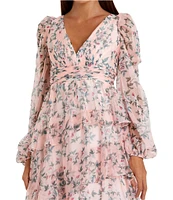 Mac Duggal Floral Print V-Neck Long Sleeve Side Slit Tiered Ruffled Dress