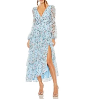 Mac Duggal Floral Print V-Neck Long Sleeve Side Slit Tiered Ruffled Dress