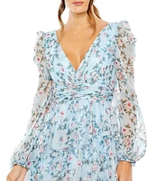 Mac Duggal Floral Print V-Neck Long Sleeve Side Slit Tiered Ruffled Dress