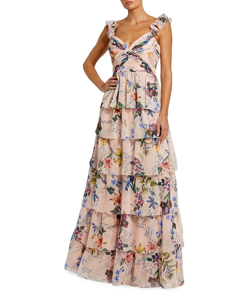 Mac Duggal Floral Print V-Neck Ruffle Sleeveless Tiered Gown