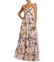 Mac Duggal Floral Print V-Neck Ruffle Sleeveless Tiered Gown