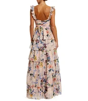 Mac Duggal Floral Print V-Neck Ruffle Sleeveless Tiered Gown