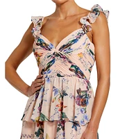 Mac Duggal Floral Print V-Neck Ruffle Sleeveless Tiered Gown