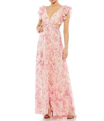 Mac Duggal Floral Print V-Neck Ruffled Strap Lace Up Back A-Line Gown