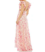 Mac Duggal Floral Print V-Neck Ruffled Strap Lace Up Back A-Line Gown