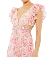 Mac Duggal Floral Print V-Neck Ruffled Strap Lace Up Back A-Line Gown