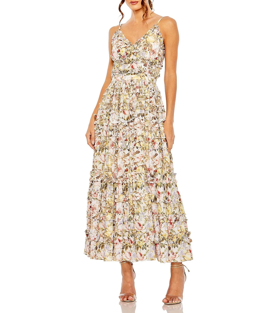 Mac Duggal Floral Print V-Neck Spaghetti Strap Ruffle Embellished A-Line Dress