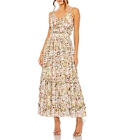 Mac Duggal Floral Print V-Neck Spaghetti Strap Ruffle Embellished A-Line Dress