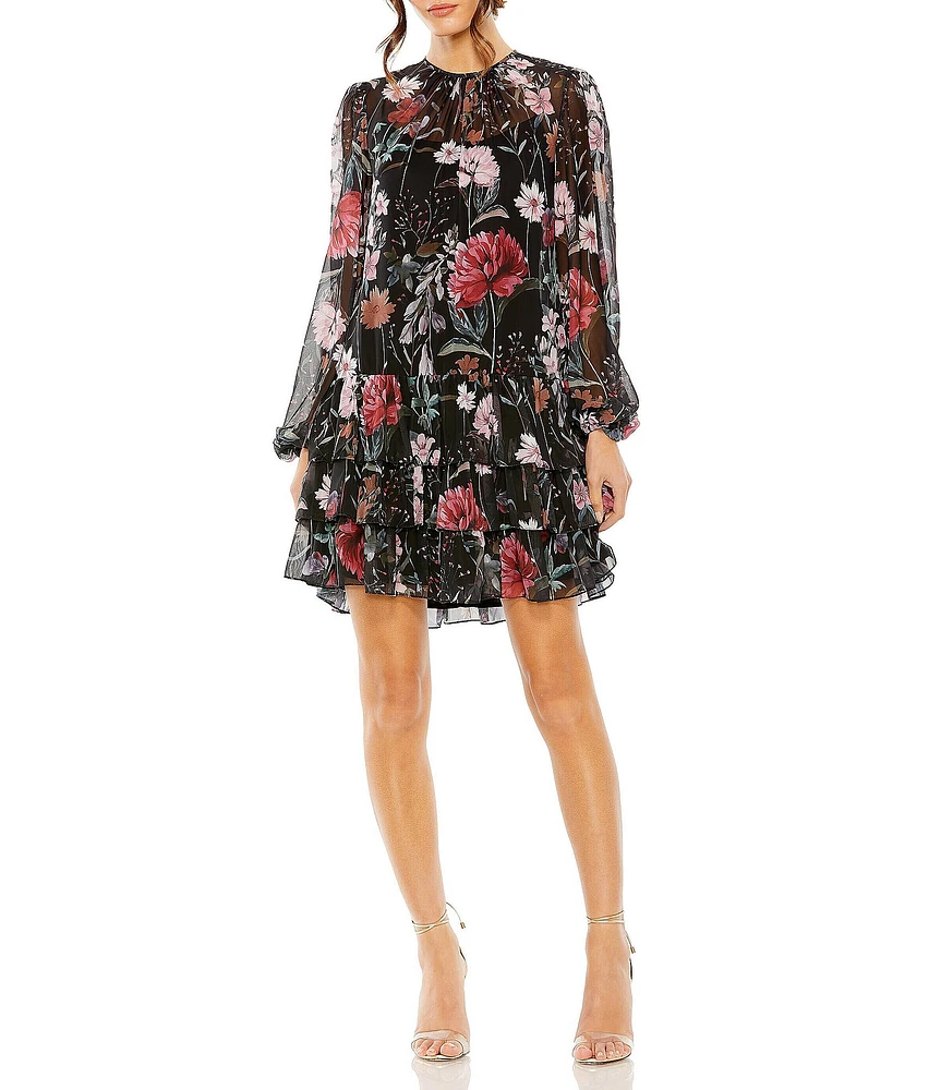 Mac Duggal Floral Printed Chiffon High Neck Long Sheer Sleeves Ruffle Tiered Mini Dress