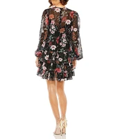 Mac Duggal Floral Printed Chiffon High Neck Long Sheer Sleeves Ruffle Tiered Mini Dress