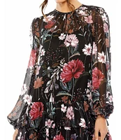 Mac Duggal Floral Printed Chiffon High Neck Long Sheer Sleeves Ruffle Tiered Mini Dress