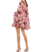 Mac Duggal Floral Ruffle Jewel Neckline Cape Sleeve Mini Dress