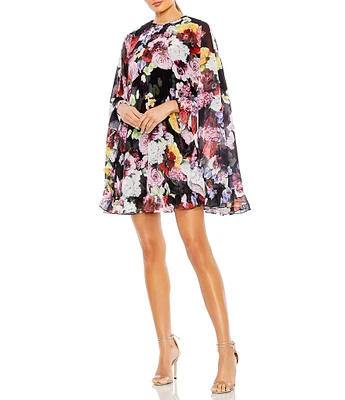 Mac Duggal Floral Ruffle Jewel Neckline Cape Sleeve Mini Dress