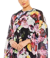 Mac Duggal Floral Ruffle Jewel Neckline Cape Sleeve Mini Dress