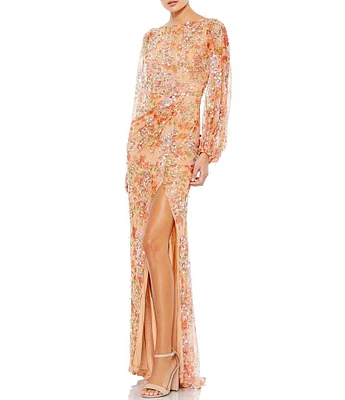 Mac Duggal Floral Print Sequin Boat Neck Long Sleeve Front Slit Gown