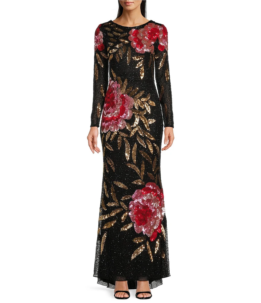 Mac Duggal Floral Sequin Boat Neck Long Sleeve Gown