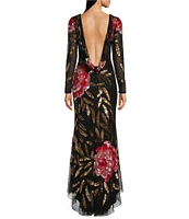 Mac Duggal Floral Sequin Boat Neck Long Sleeve Gown