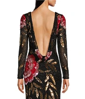 Mac Duggal Floral Sequin Boat Neck Long Sleeve Gown