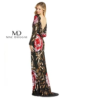 Mac Duggal Floral Sequin Boat Neck Long Sleeve Gown