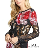 Mac Duggal Floral Sequin Boat Neck Long Sleeve Gown