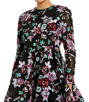 Mac Duggal Floral Sequin Crew Neck Long Sleeve A-Line Mini Dress