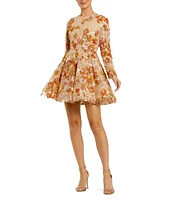 Mac Duggal Floral Sequin Crew Neck Long Sleeve A-Line Mini Dress