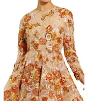 Mac Duggal Floral Sequin Crew Neck Long Sleeve A-Line Mini Dress