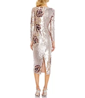 Mac Duggal Floral Sequin Crew Neck Long Sleeve Midi Sheath Dress