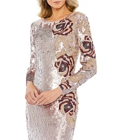 Mac Duggal Floral Sequin Crew Neck Long Sleeve Midi Sheath Dress