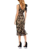 Mac Duggal Floral Sequin Deep V-Neck Sleeveless Bow Shoulder Midi Dress