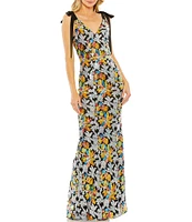 Mac Duggal Floral Sequin Low V Back Bow Tie Strap Detail V-Neck Column Gown