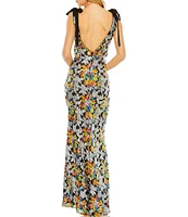 Mac Duggal Floral Sequin Low V Back Bow Tie Strap Detail V-Neck Column Gown