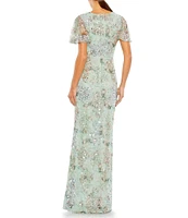 Mac Duggal Floral Sequin Short Butterfly Sleeve Faux Wrap Thigh High Slit Gown