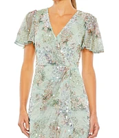 Mac Duggal Floral Sequin Short Butterfly Sleeve Faux Wrap Thigh High Slit Gown