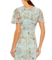 Mac Duggal Floral Sequin Short Butterfly Sleeve Faux Wrap Thigh High Slit Gown