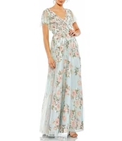 Mac Duggal Floral Surplice V-Neck Short Flutter Sleeve A-Line Gown