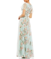 Mac Duggal Floral Surplice V-Neck Short Flutter Sleeve A-Line Gown