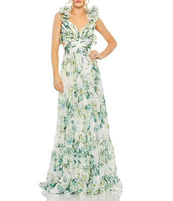 Mac Duggal Floral V-Neck Ruffled Wide Strap Open Back Gown