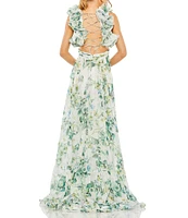 Mac Duggal Floral V-Neck Ruffled Wide Strap Open Back Gown