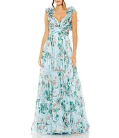 Mac Duggal Floral V-Neck Ruffled Wide Strap Open Back Gown