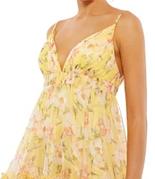 Mac Duggal Floral V-Neckline Sleeveless Mini Dress