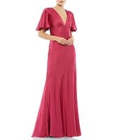 Mac Duggal Flounce Sleeve V Neck Satin Aline Trumpet Gown