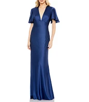 Mac Duggal Flounce Sleeve V Neck Satin Aline Trumpet Gown