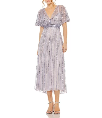 Mac Duggal Flutter Sleeve Embellished Chiffon A-Line Midi Dress