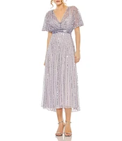 Mac Duggal Flutter Sleeve Embellished Chiffon A-Line Midi Dress