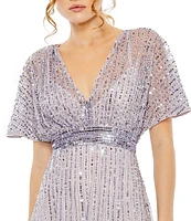 Mac Duggal Flutter Sleeve Embellished Chiffon A-Line Midi Dress