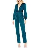 Mac Duggal Front Twist Long Puff Sleeve Deep V-Neck Jumpsuit