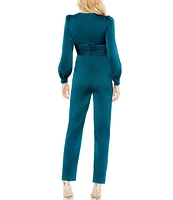 Mac Duggal Front Twist Long Puff Sleeve Deep V-Neck Jumpsuit